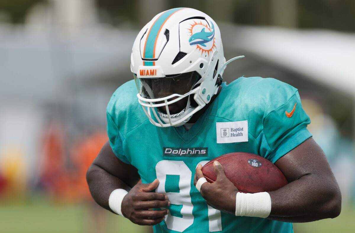 Defensive lineman Matthew Butler (91) prepares for a drill during Miami Dolphins Training Camp on Monday, Aug. 3, 2026, at Baptist Health Training Complex in Miami Gardens, Fla.